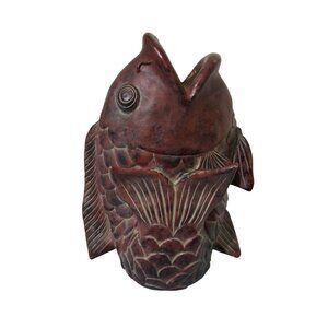 Vintage Chinese Reddish Brown Black Ceramic Koi Fish Vase